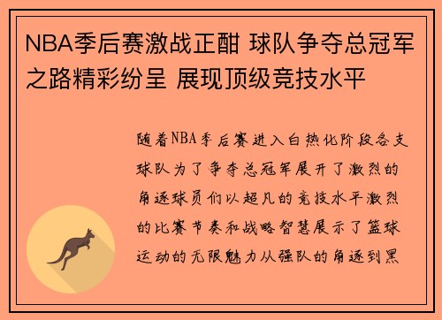 NBA季后赛激战正酣 球队争夺总冠军之路精彩纷呈 展现顶级竞技水平