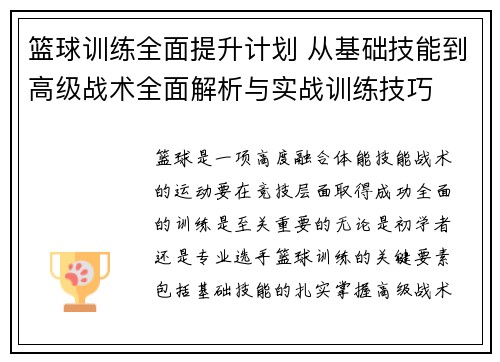 篮球训练全面提升计划 从基础技能到高级战术全面解析与实战训练技巧