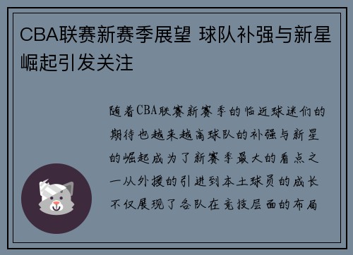 CBA联赛新赛季展望 球队补强与新星崛起引发关注